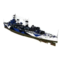 Blue And White Camouflage Warship With Hull Structure Deck And Turrets
