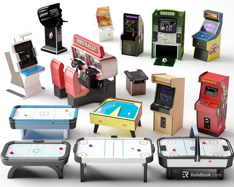 Different Styles Of Entertainment Appliances Collection With Arcade Machines Air Hockey Tables And Game Seats 3d model 