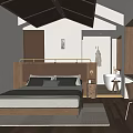 Elegant Hotel Room Interior Design With Wooden Bed Frame Freestanding Bathtub And Accent Chair