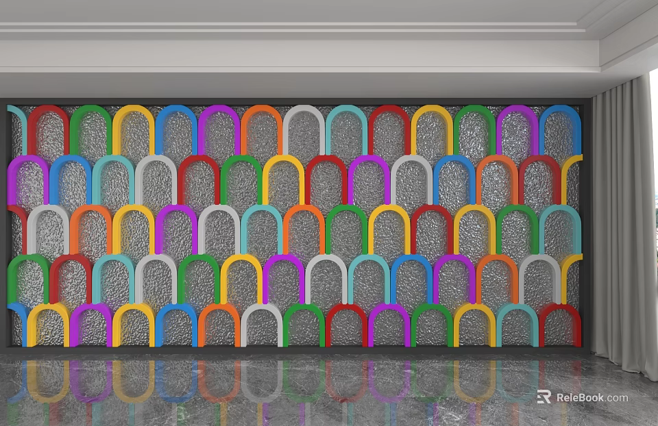 Colorful Decorative Wall With Arched Patterns In Multiple Hues And Silver Texture 3d model