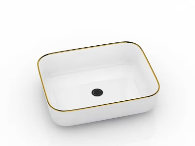 Elegant White Square Ceramic Sink With Gold Rim And Drain Hole 3d model