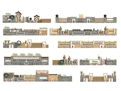 Creative Garden Wall Designs With Stone Wood Textures Plants And Decorative Elements 3d model