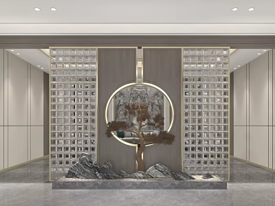 Modern Decorative Screen with Circular Lattice Design and Natural Rock Accents 3d model