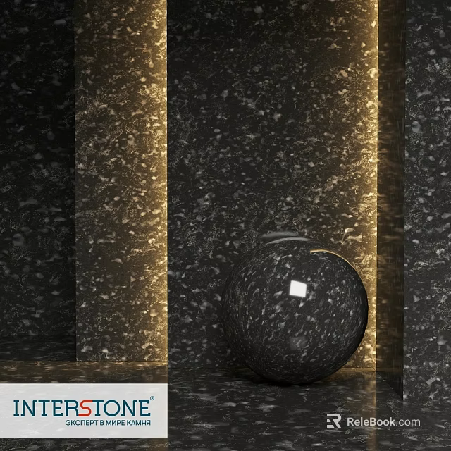 Black Spherical Component on Black Marble Textured Walls and Floor with Golden Lighting 3d model 