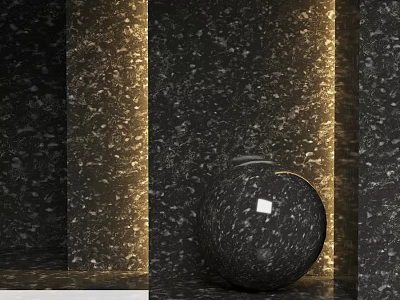Black Spherical Component on Black Marble Textured Walls and Floor with Golden Lighting 3d model