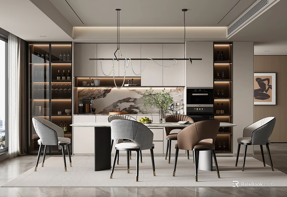 Elegant Modern Dining Room Interior With Pendant Lights Marble Dining Table And Wine Cabinets 3d model 