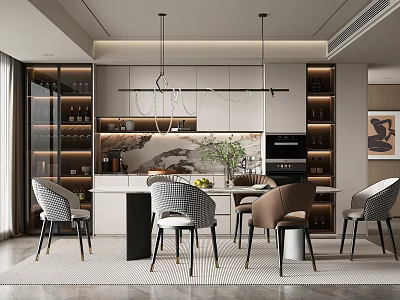 Elegant Modern Dining Room Interior With Pendant Lights Marble Dining Table And Wine Cabinets 3d model