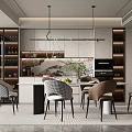 Elegant Modern Dining Room Interior With Pendant Lights Marble Dining Table And Wine Cabinets
