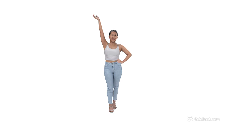 Woman In White Tank Top Light Blue Jeans With One Hand Raised And High Heels 3d model 