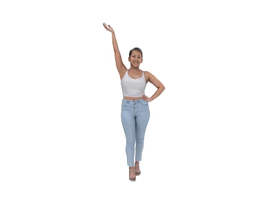 Woman In White Tank Top Light Blue Jeans With One Hand Raised And High Heels 3d model