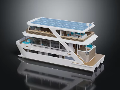 Luxury Solar Powered Houseboat With Multiple Decks Modern Design And Leisure Areas 3d model