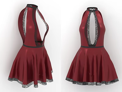 Red Halter Neck Backless Dress with Pleated Skirt and Black Lace Trim Design 3d model