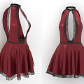Red Halter Neck Backless Dress with Pleated Skirt and Black Lace Trim Design