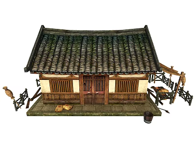 Cartoon Scene Featuring Traditional Korean House with Tile Roof Wooden Doors Windows and Farm Tools 3d model