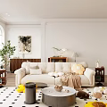 Cozy Living Room Interior With Beige Sofa Flower Shaped Cushions Brown Blanket And Checkered Rug