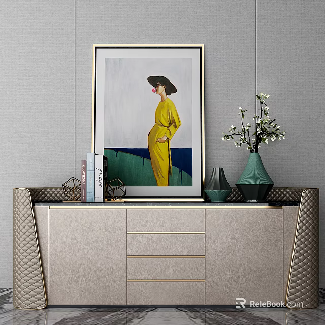 Modern Stylish Console Table With Decorative Artwork Vase And Storage Drawers 3d model