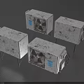 Four Air Conditioner Fans On Metal Stands With Worn Dirt Stains Against Gray Background