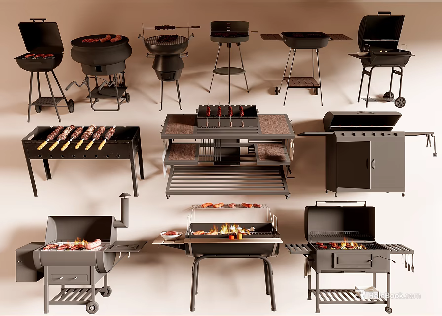 Various Types Of Outdoor Barbecue Grills With Cooking Tools And Skewers 3d model 