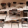 Various Types Of Outdoor Barbecue Grills With Cooking Tools And Skewers