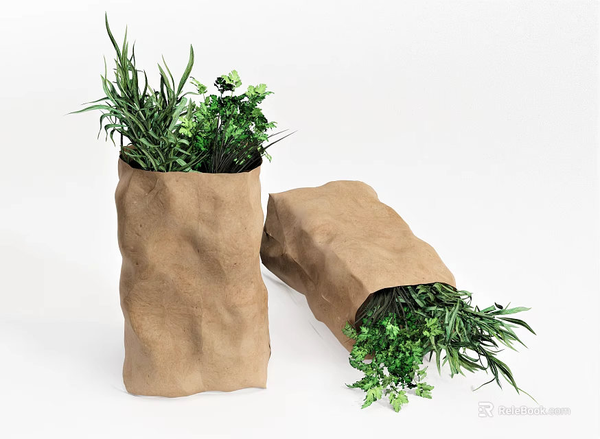 Fresh Organic Vegetables in Brown Paper Bags with Green Leaves and Herbs 3d model 
