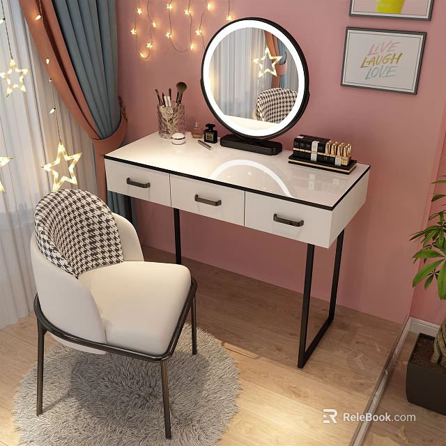 Modern Dressing Table with White Countertop Three Drawers Black Metal Frame and Round Mirror 3d model 