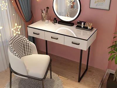 Modern Dressing Table with White Countertop Three Drawers Black Metal Frame and Round Mirror 3d model