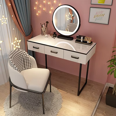 Modern Dressing Table with White Countertop Three Drawers Black Metal Frame and Round Mirror 3d model
