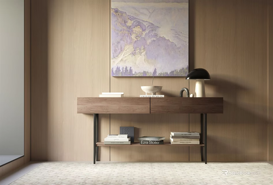 Modern Wooden Entryway Console Table With Wall Art Table Lamp And Books 3d model 