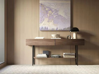 Modern Wooden Entryway Console Table With Wall Art Table Lamp And Books 3d model