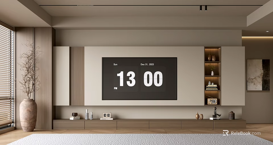 Modern TV Wall with Wooden Beige Panels Open Shelves Cabinet Decorative Items and Digital 3d model 