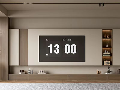 Modern TV Wall with Wooden Beige Panels Open Shelves Cabinet Decorative Items and Digital 3d model