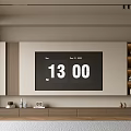 Modern TV Wall with Wooden Beige Panels Open Shelves Cabinet Decorative Items and Digital