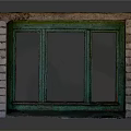 Old Green Window Frame With Broken Glass And Brick Wall Design