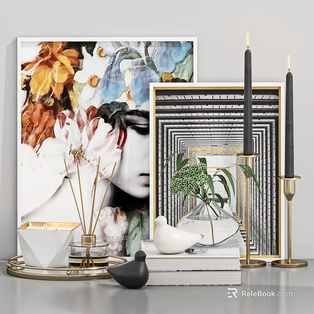 Stylish Decorative Ornament Set With Floral Paintings Geometric Art Candles And Dove Figurine 3d model 