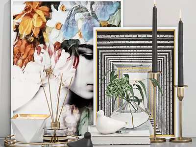 Stylish Decorative Ornament Set With Floral Paintings Geometric Art Candles And Dove Figurine 3d model