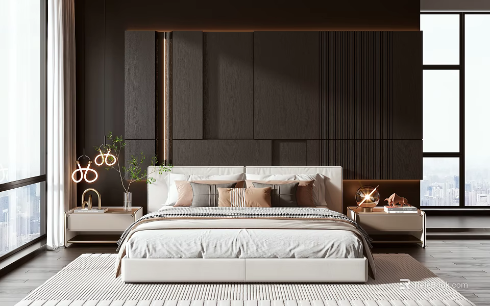 Modern Double Bed Interior Design With Black Paneled Wall White Nightstands And Round Lamps 3d model 