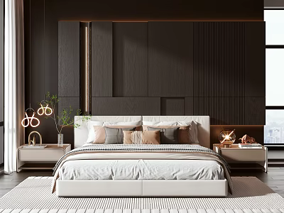 Modern Double Bed Interior Design With Black Paneled Wall White Nightstands And Round Lamps 3d model