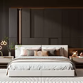 Modern Double Bed Interior Design With Black Paneled Wall White Nightstands And Round Lamps