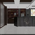 Elegant Restaurant Interior With Reception Counter Wine Shelves And Menu Display Screen 3d model