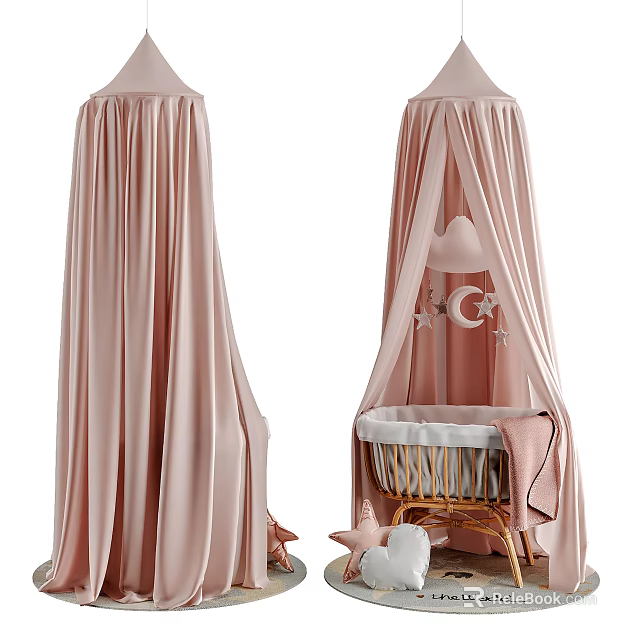 Pink Canopy Baby Crib with Wicker Frame Star Moon Decor and Soft Blanket 3d model 