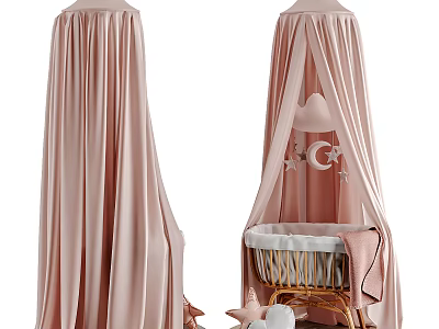 Pink Canopy Baby Crib with Wicker Frame Star Moon Decor and Soft Blanket 3d model