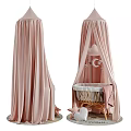 Pink Canopy Baby Crib with Wicker Frame Star Moon Decor and Soft Blanket