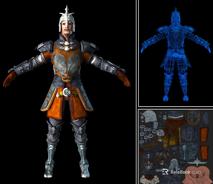 Game Movie Character with Detailed Armor Design 3D Wireframe Model and Equipment Parts 3d model 