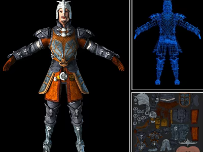 Game Movie Character with Detailed Armor Design 3D Wireframe Model and Equipment Parts 3d model