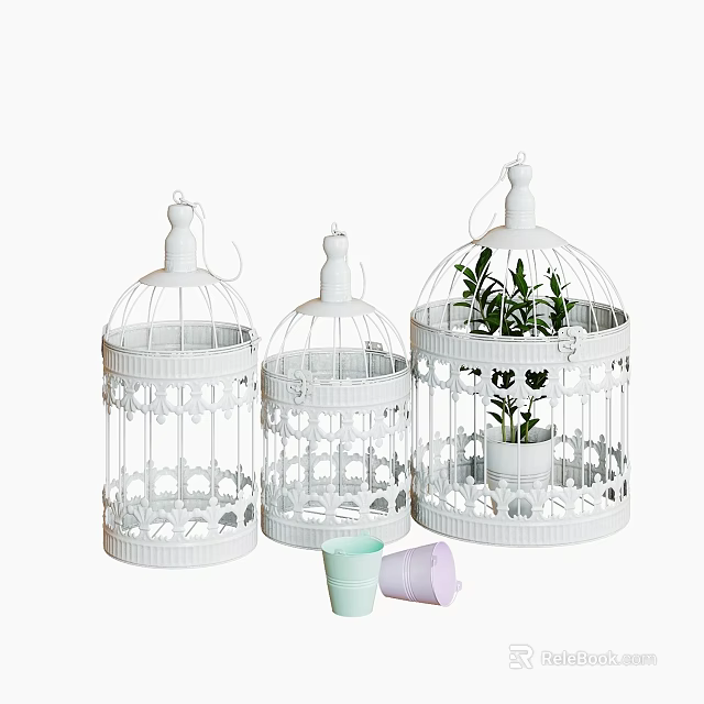 Three White Decorative Pet Cages With Carved Patterns And Potted Plants 3d model 