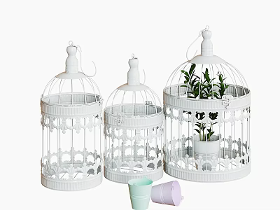 Three White Decorative Pet Cages With Carved Patterns And Potted Plants 3d model