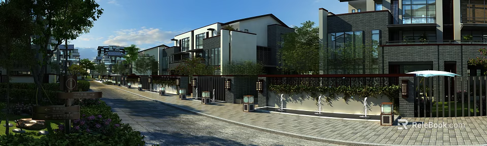 Modern Townhouse Exterior Design With White Walls Dark Roofs Glass Windows And Greenery 3d model 