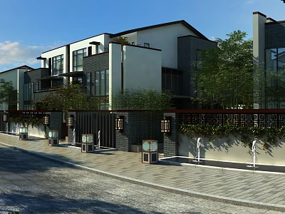 Modern Townhouse Exterior Design With White Walls Dark Roofs Glass Windows And Greenery 3d model