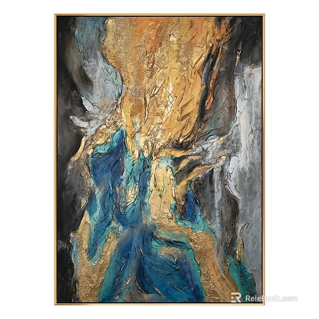 Abstract Modern Oil Painting With Gold Blue Textures And Textured Brushstroke Details In Contemporary Art Style 3d model 