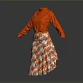 Stylish Red High Neck Long Sleeve Top With Patterned Skirt For Daily Use